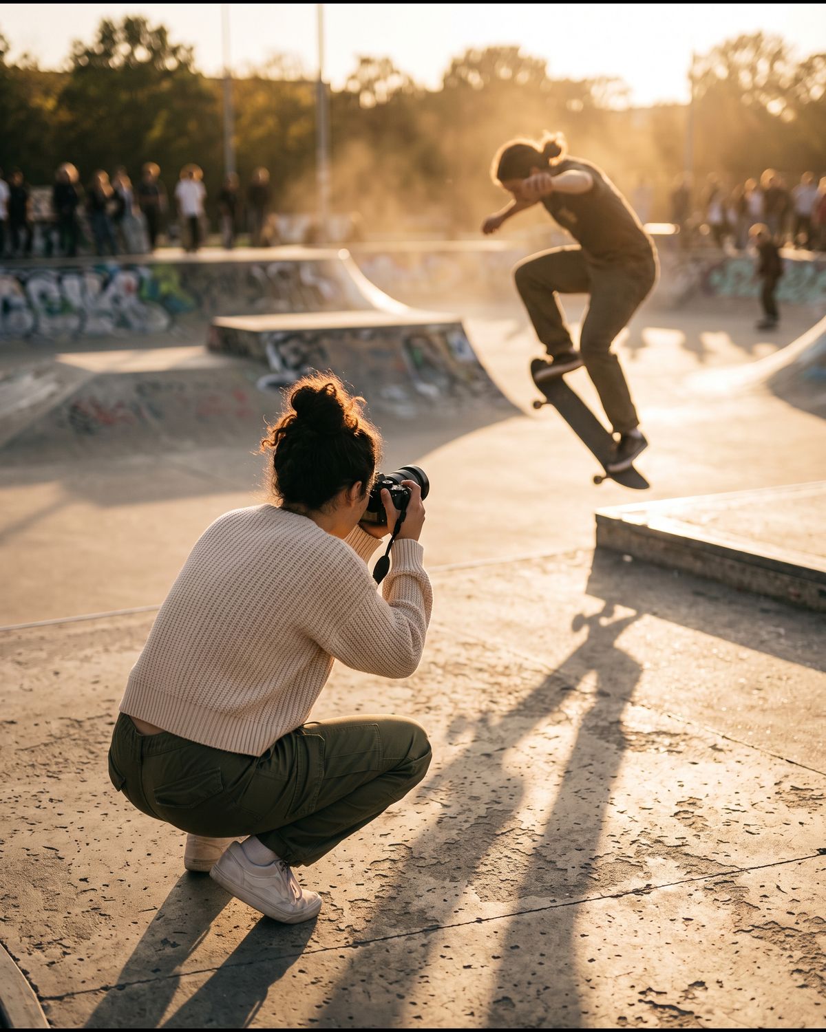 The same young woman crouching at a skatepark at golden hour, photographing her friend mid-air