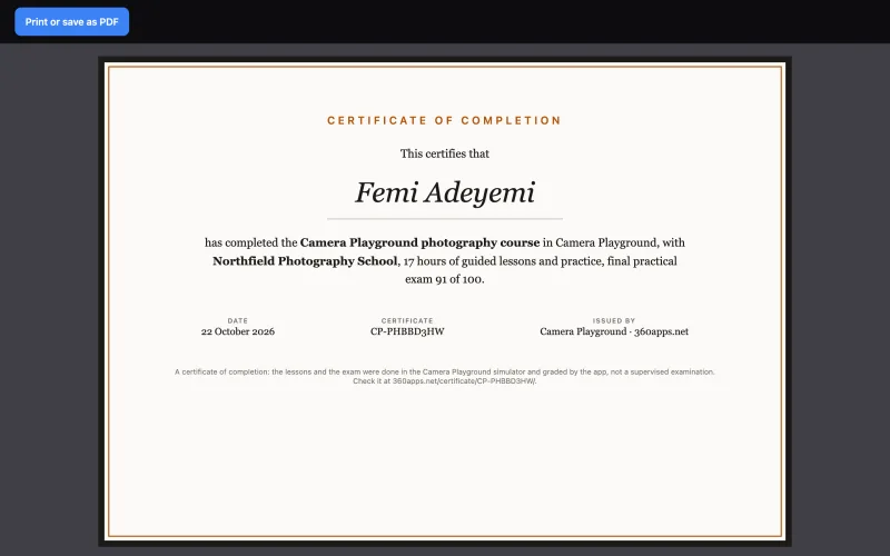 A certificate of completion with the student's name, the school's name, 17 hours of guided lessons and practice, the exam score and a certificate code