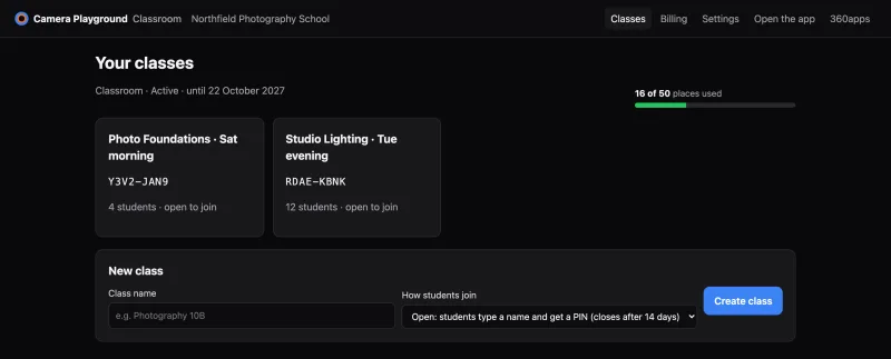 Your classes: two class cards with their join codes and number of students, a "New class" form, and "16 of 50 places used"