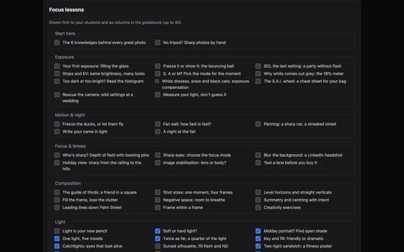 The Lessons tab: all 64 lessons grouped by track with checkboxes to choose focus lessons