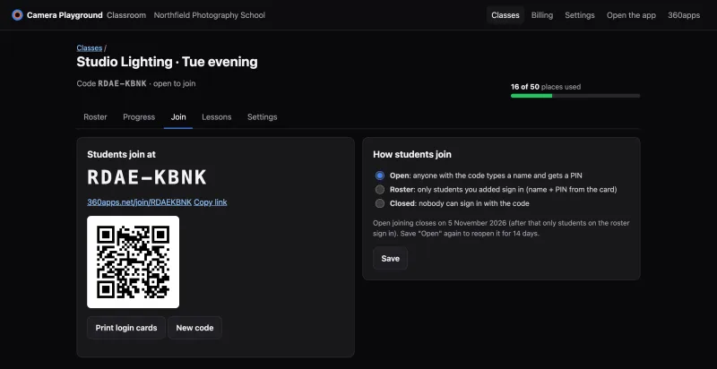 The Join tab: the class code RDAE-KBNK in large letters, the link 360apps.net/join/RDAEKBNK, a QR code, and the join modes Open, Roster and Closed