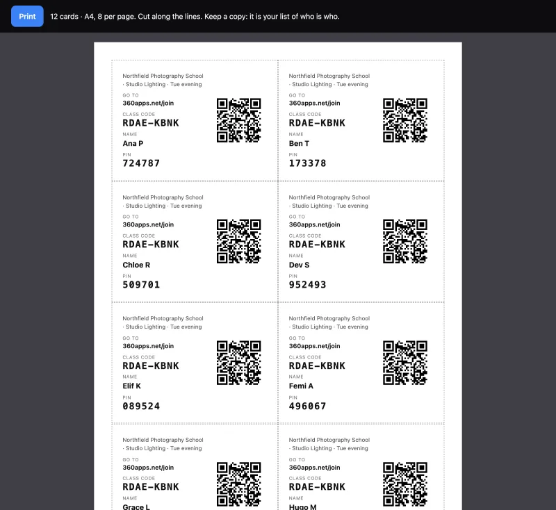 Printable login cards for a class: each card has the class code, the student's name, a PIN and a QR code to the join page