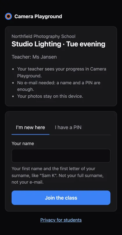 The student's join page on a phone: the class name, the teacher's name, "No e-mail needed: a name and a PIN are enough", and a "Join the class" button