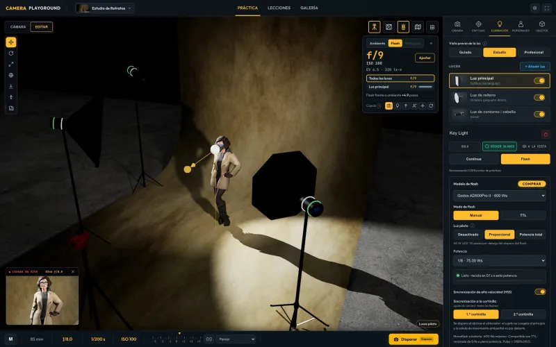 El estudio en vista de edición: la luz principal cambiada por un flash de estudio Godox AD600Pro II y un exposímetro de mano junto a la cara de la modelo que lee ƒ/9