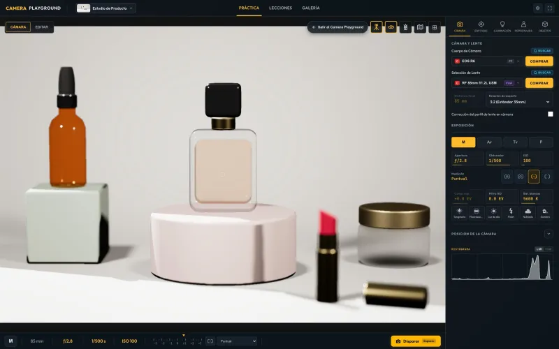El Estudio de Producto en la app: foco en un frasco de perfume a ƒ/2.8, el labial de adelante fuera de foco