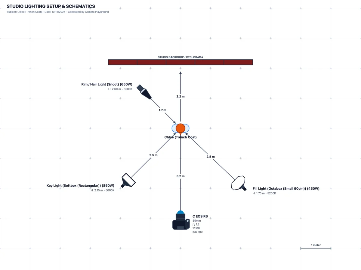 The overhead lighting diagram of a three-light portrait, with the distance, height, power and colour temperature of each light
