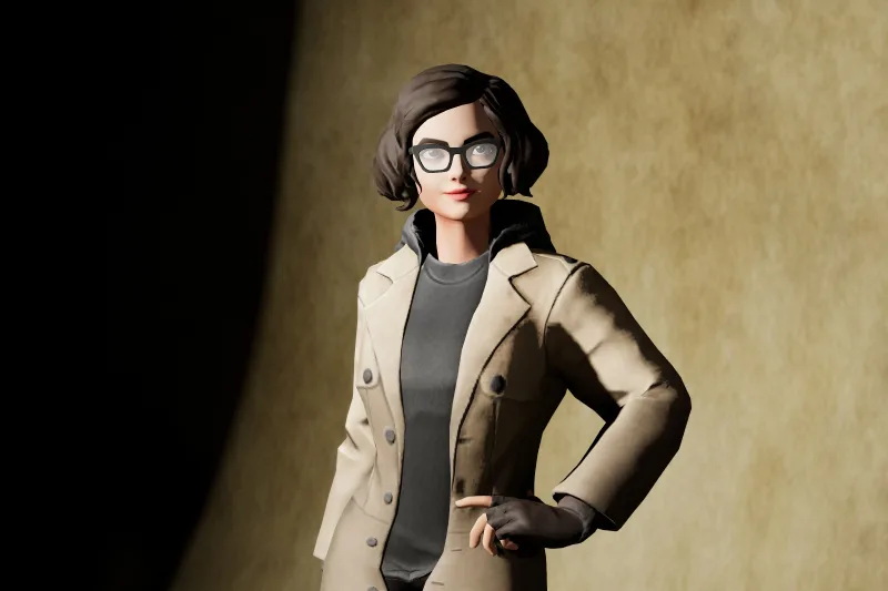 The resulting studio portrait: a woman in a beige coat lit by a softbox, 85 mm, ƒ/6.3, 1/200 s, ISO 100
