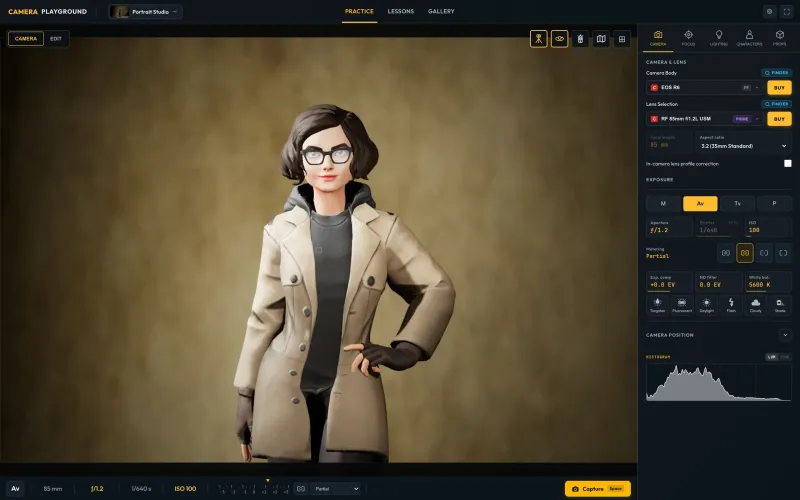 Camera Playground: a portrait in the Portrait Studio with an 85 mm lens at ƒ/1.2; the backdrop is soft and the camera panel shows Av mode at 1/640 s