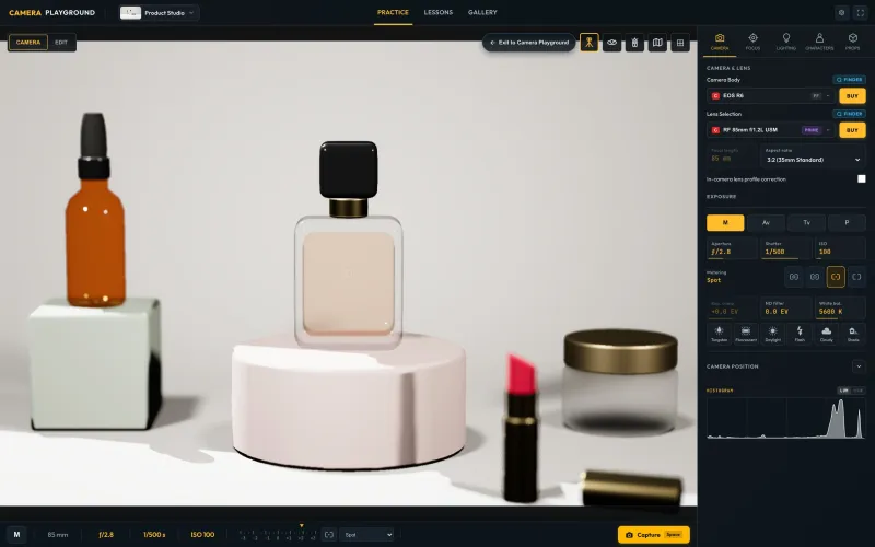 The Product Studio in the app: focus on a perfume bottle at ƒ/2.8, the lipstick in front out of focus