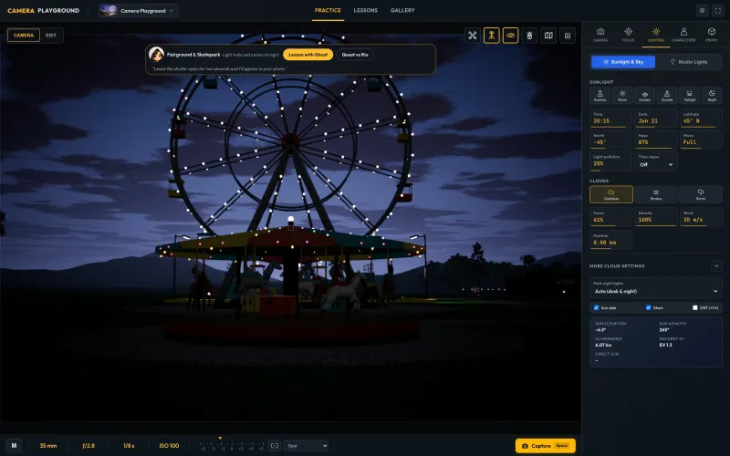 The fairground at blue hour, ƒ/2.8 at 1/8 s: the guide card of the area offers its lesson and a quest