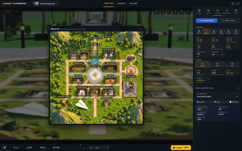 The park map: the studios, labs, fairground, skatepark, Pet Park and the other areas, each one a place to fly to (the map illustration was made with the help of AI tools)