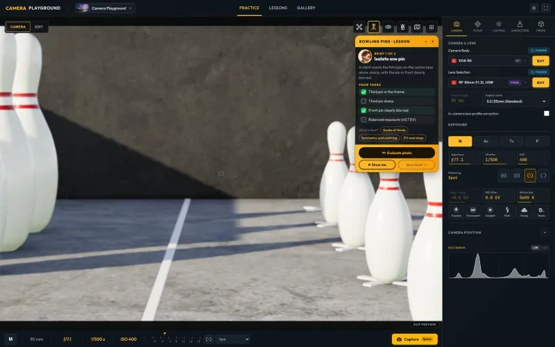 A lesson brief at the Bowling Pins: a client wants the third pin sharp and the one in front blurred; the tasks tick off live