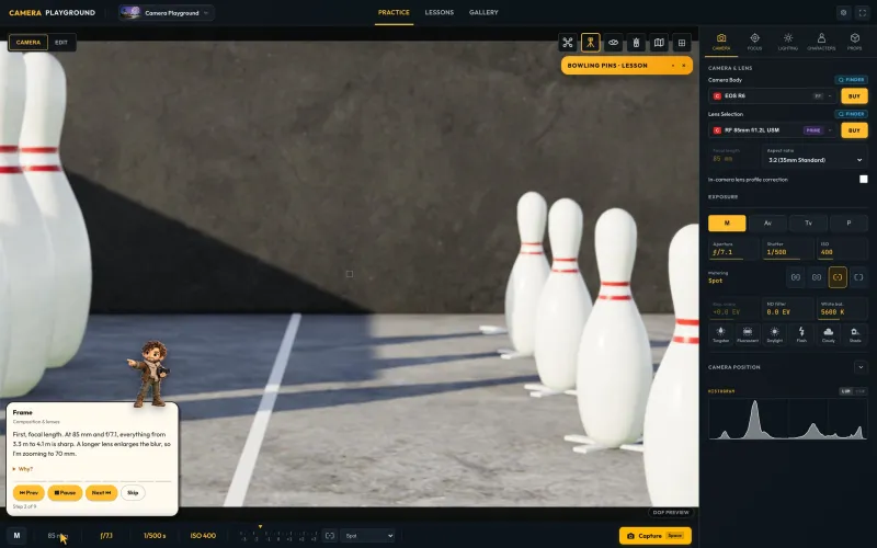 Show me: Frame, the guide, demonstrates on the real controls one step at a time, here the focal length