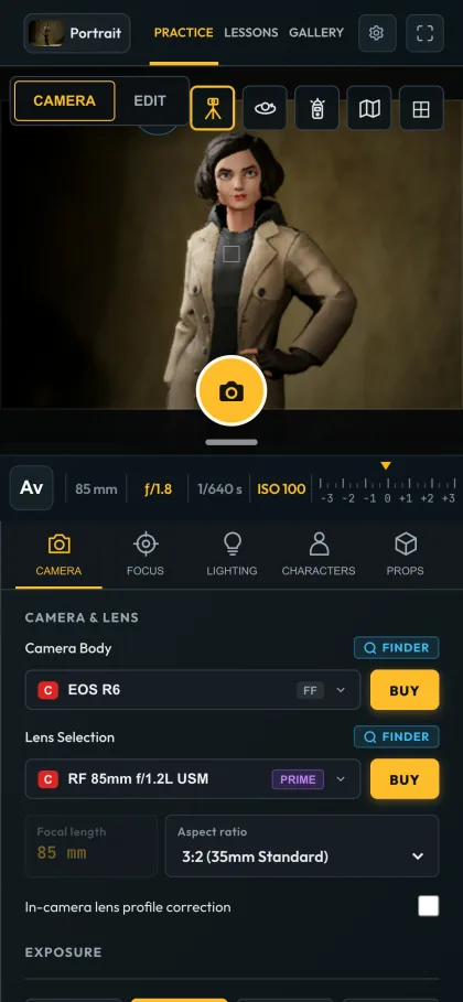 Camera Playground on a phone: the viewfinder with a round shutter button, the exposure strip and the camera controls underneath