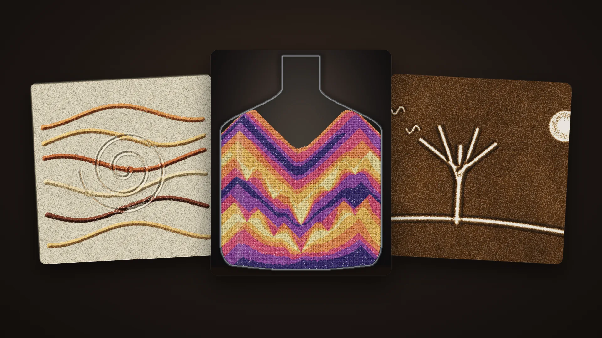 A sand tray drawing, a layered sand bottle and a light table drawing made in Sand Art Studio