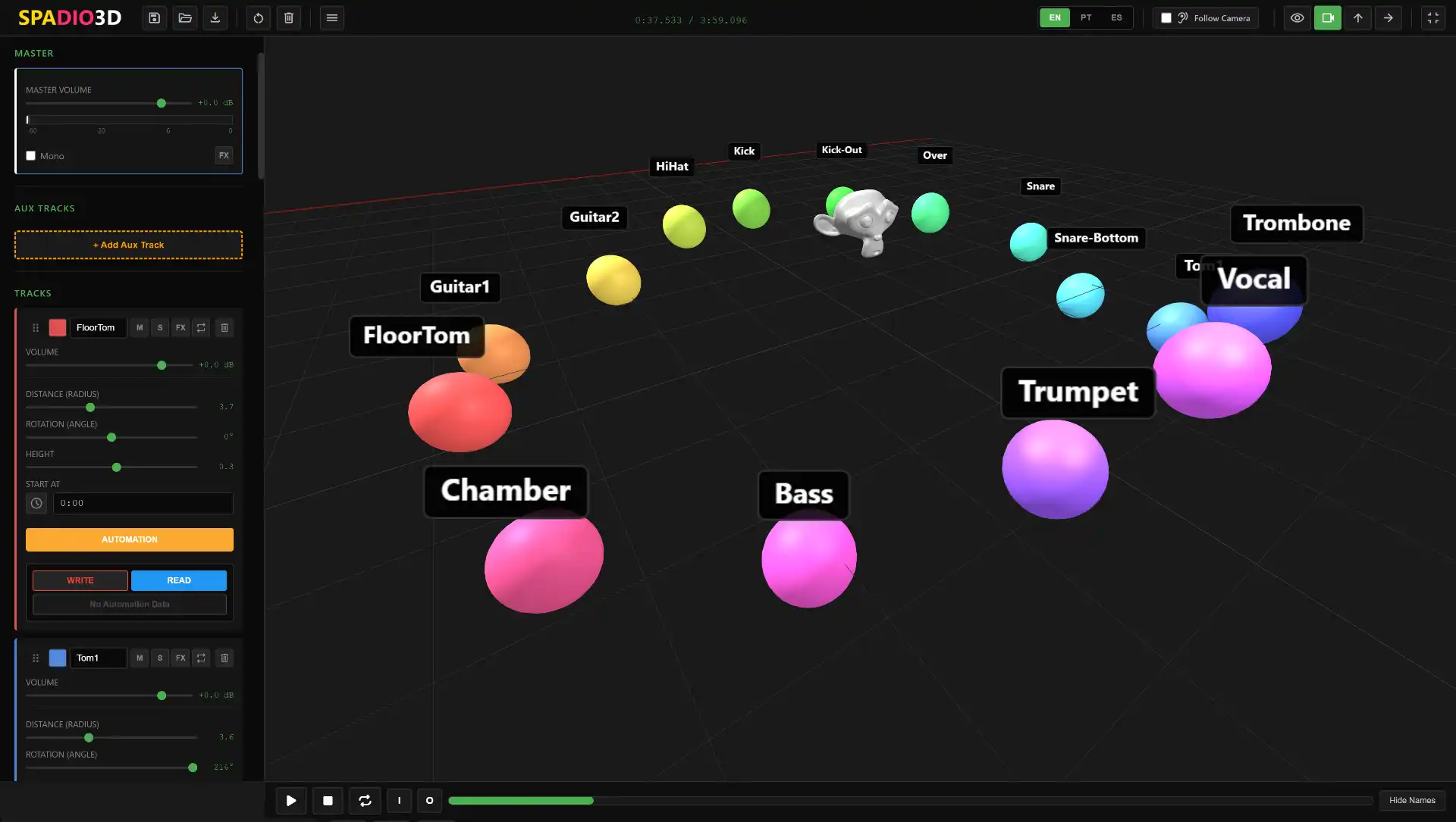 SPADIO 3D Interface showing tracks and automation