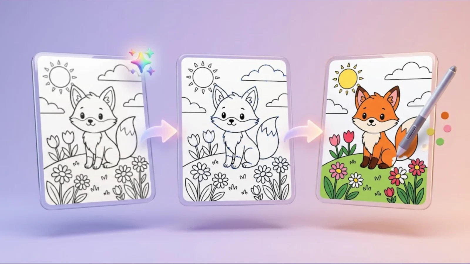 Three steps: an AI line drawing of a fox, the same drawing as vector line art, and the page being colored in