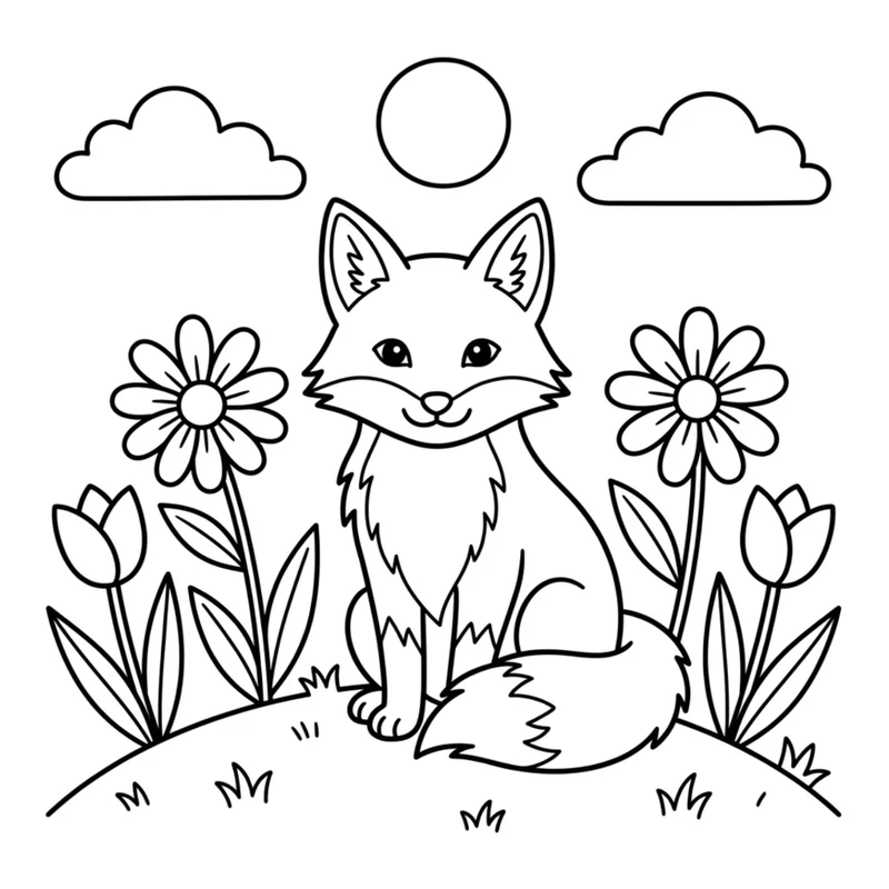 AI-generated coloring page of a fox among daisies and tulips: black outlines on a white background