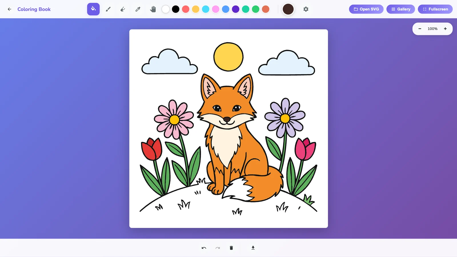 The fox page colored in Coloring Book: orange fox, yellow sun, pink and lilac daisies, red and pink tulips