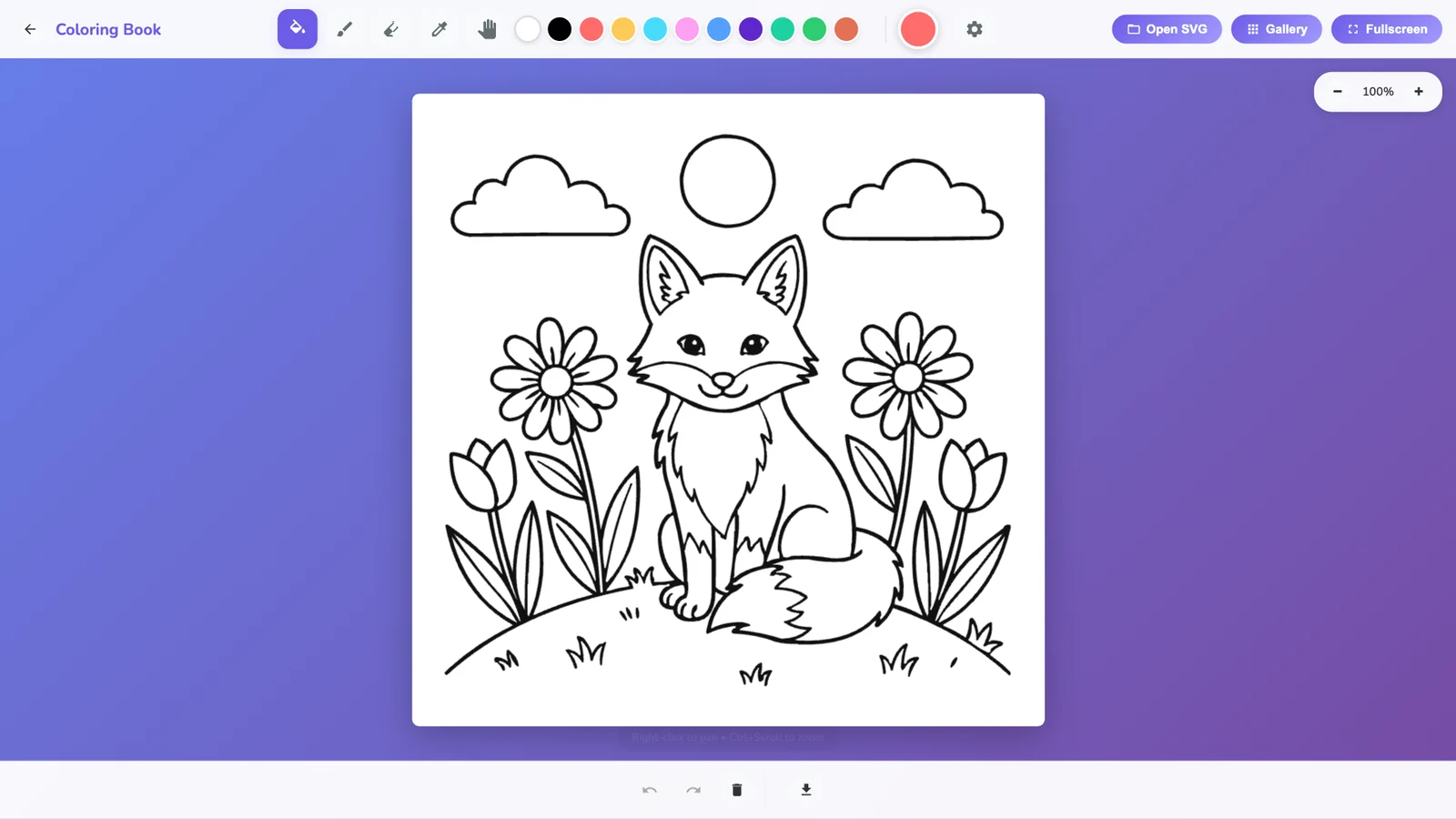 The traced fox page opened in Coloring Book, ready to color