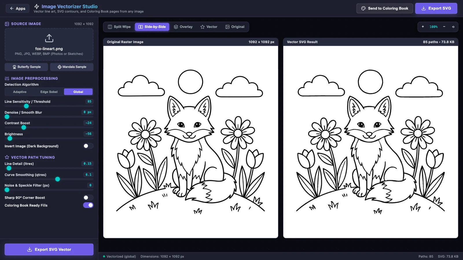 Image Vectorizer showing the AI fox drawing and the traced vector line art side by side