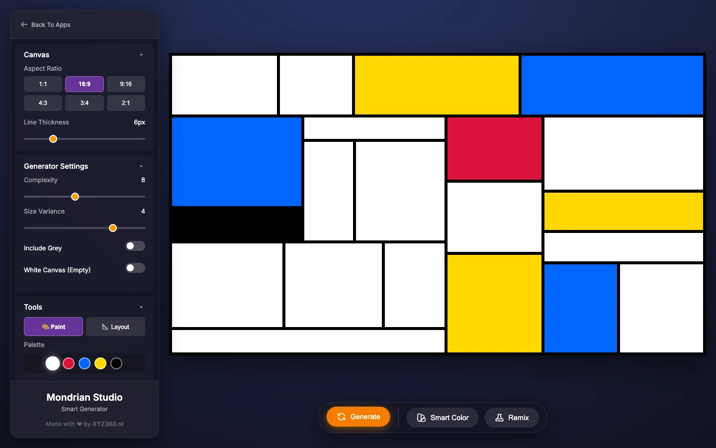 Mondrian Art Studio with a 16:9 grid of white, red, yellow, blue and one black block, complexity 8 and size variance 4 in the sidebar