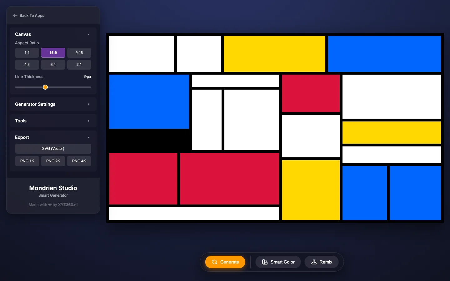 Mondrian Art Studio sidebar with the Export section open showing SVG Vector, PNG 1K, PNG 2K and PNG 4K buttons next to the finished 16:9 composition