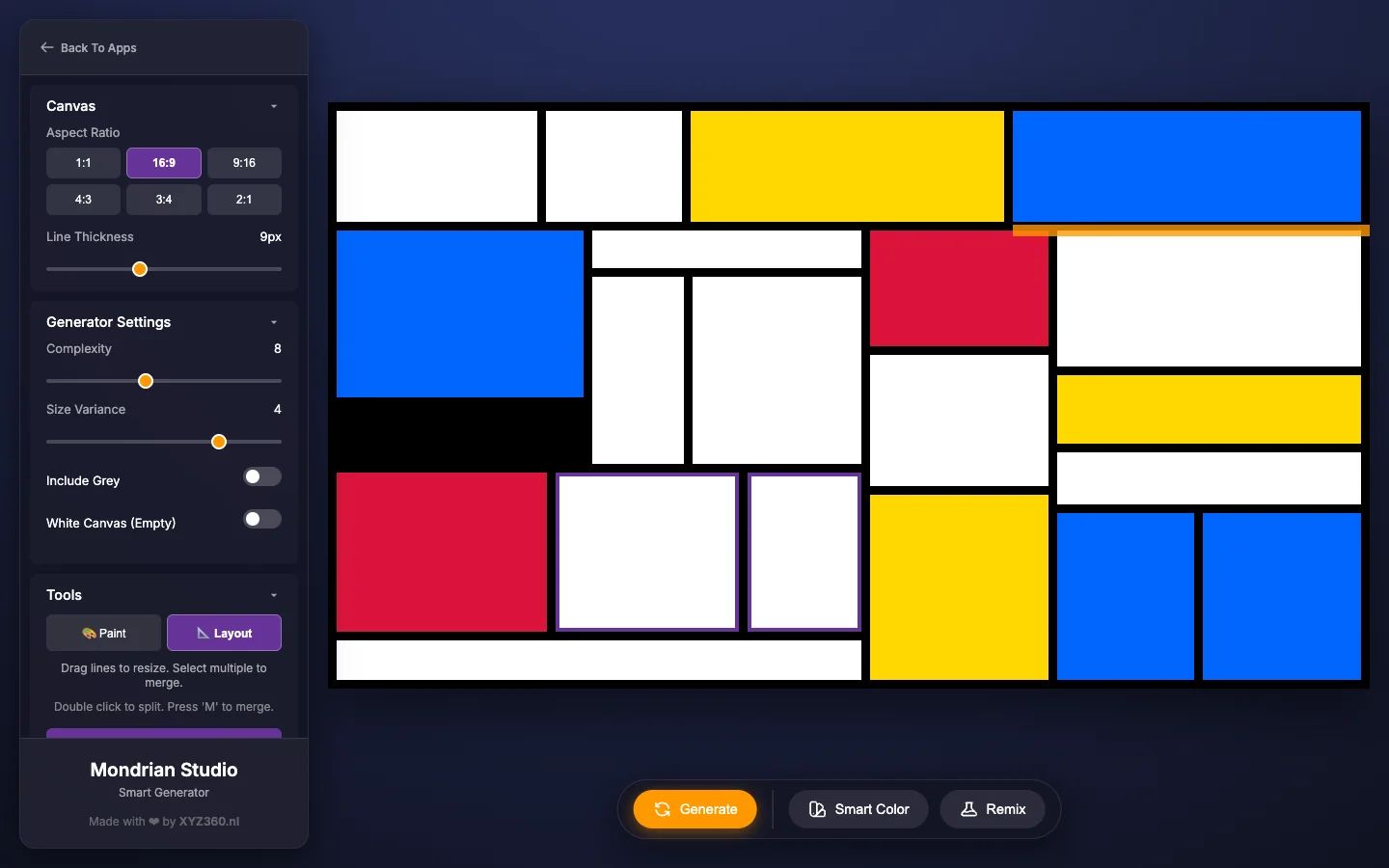 Mondrian Art Studio in Layout mode with two white blocks selected with purple outlines and a horizontal line highlighted in orange for dragging