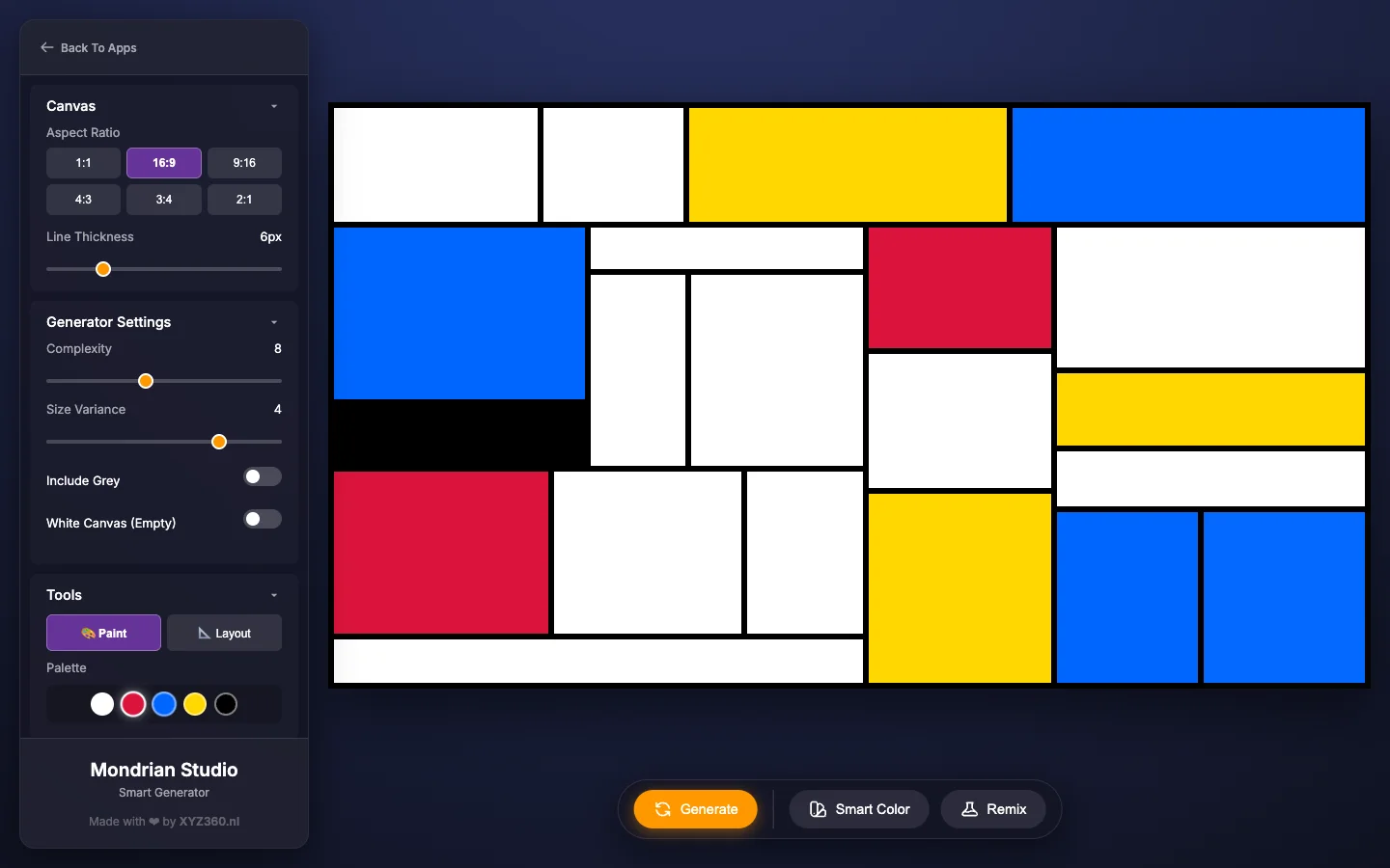 Mondrian Art Studio in Paint mode with red selected in the palette and a white block in the lower left painted red