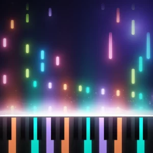 Piano Live VFX: rainbow light ribbons rising through violet ice fog above a piano keyboard
