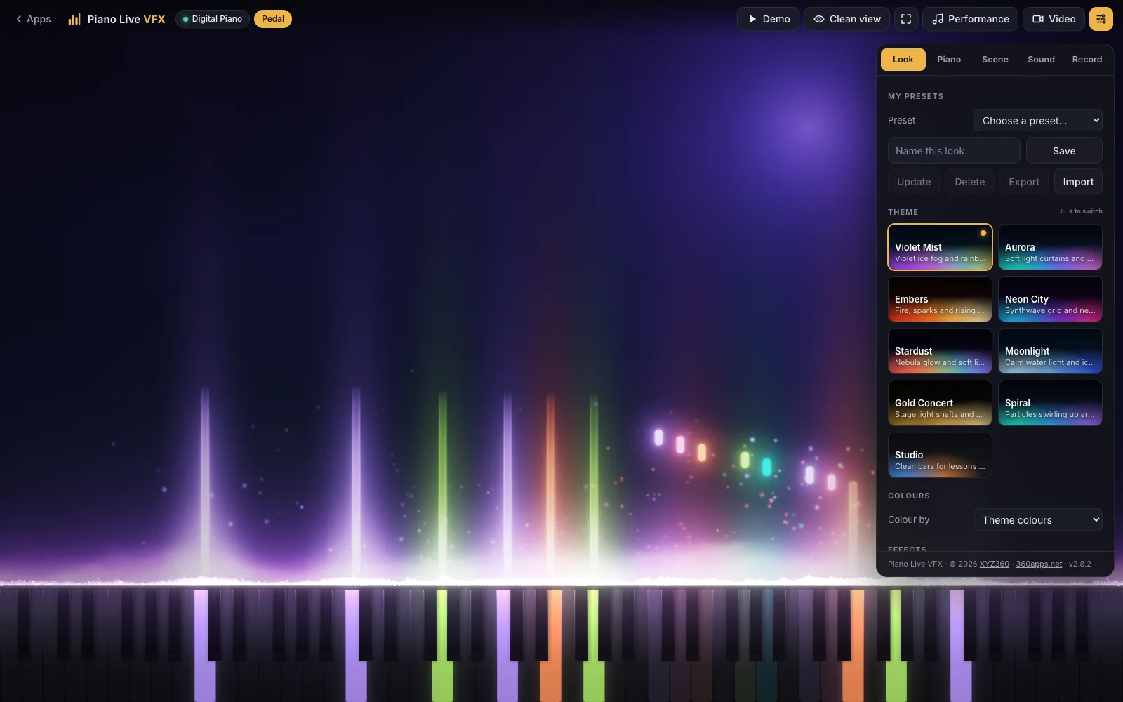 Piano Live VFX with a MIDI keyboard connected: the top bar shows Digital Piano and Pedal, the Look tab lists the nine themes, and violet, green and orange light ribbons rise from the played keys in the Violet Mist theme