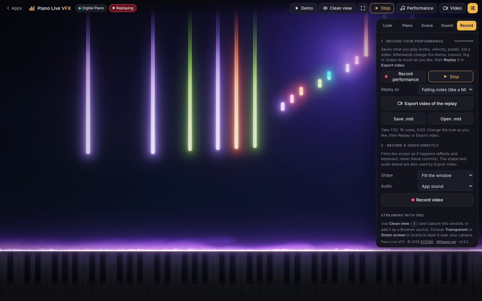 The Record tab of Piano Live VFX with Record performance, Replay as Falling notes, Export video of the replay, Save .mid and Open .mid, while a recorded take replays as glowing notes falling toward the keyboard