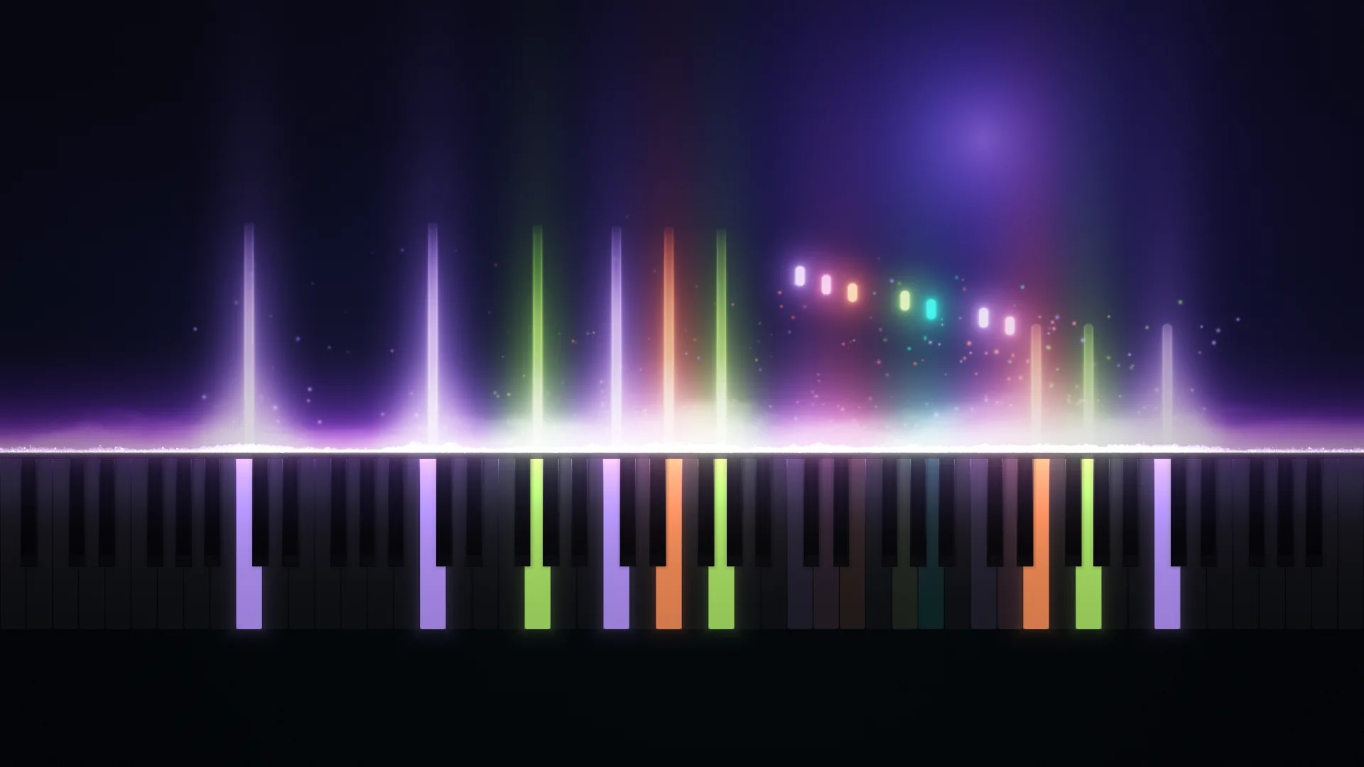 Violet light ribbons and colored sparks rising from lit keys on a piano visualizer, with a glowing line of ice fog above the keyboard