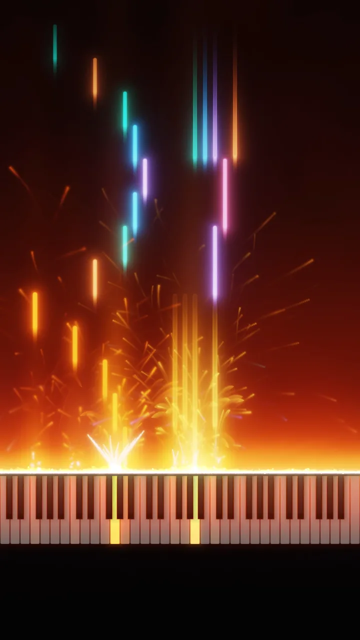 A vertical 9:16 piano visualizer frame with light ribbons rising from lit keys that sit above the bottom of the frame