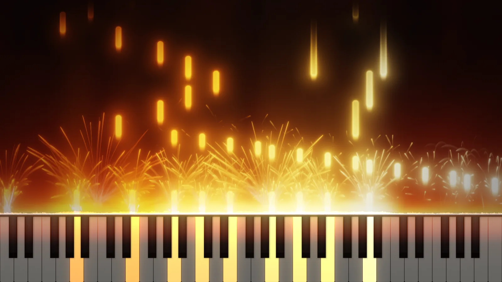 Embers theme: orange and gold light ribbons with sparks and rising heat above lit piano keys