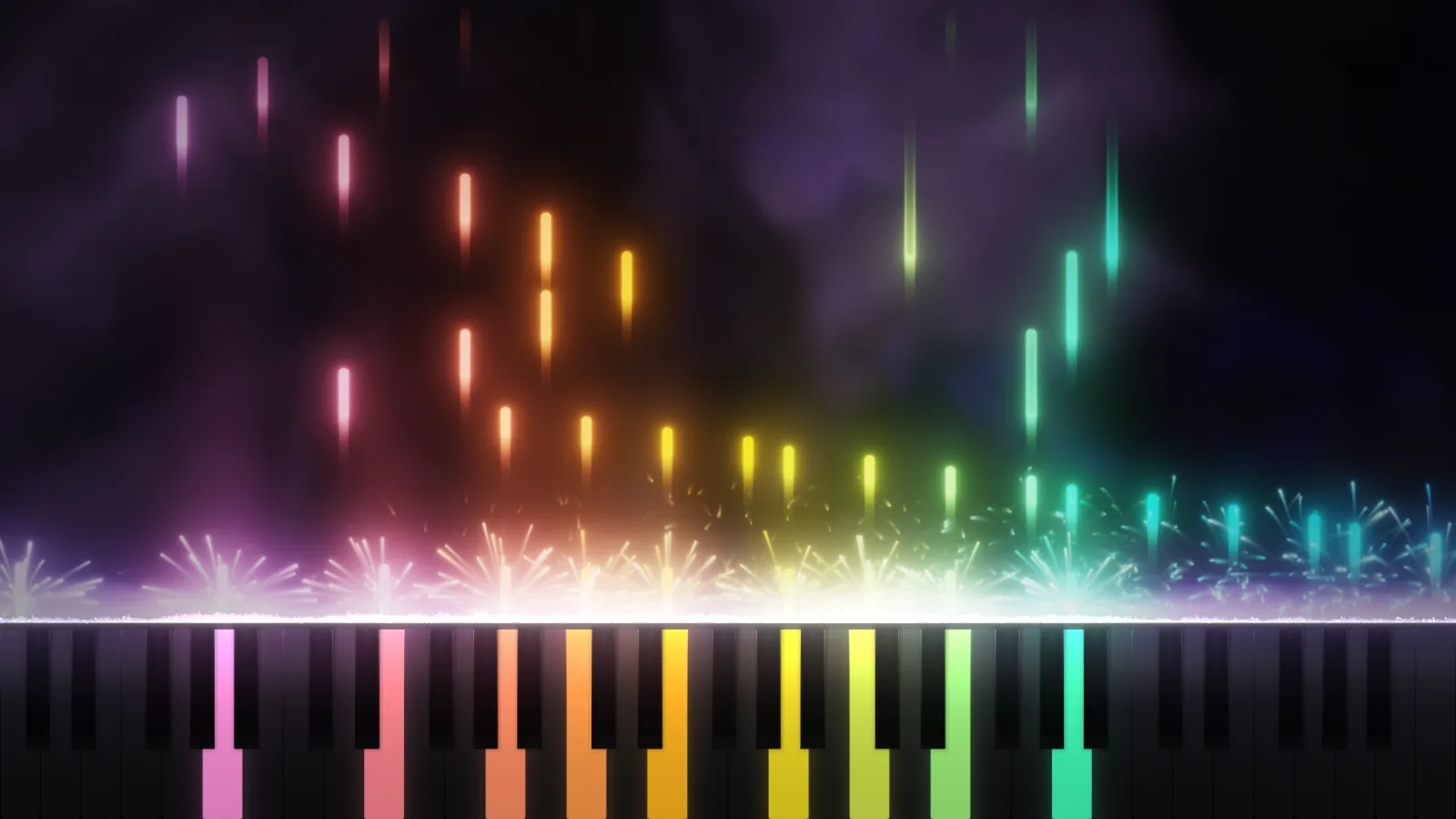 Stardust theme: rainbow colored ribbons and soft light bursts in front of a purple nebula