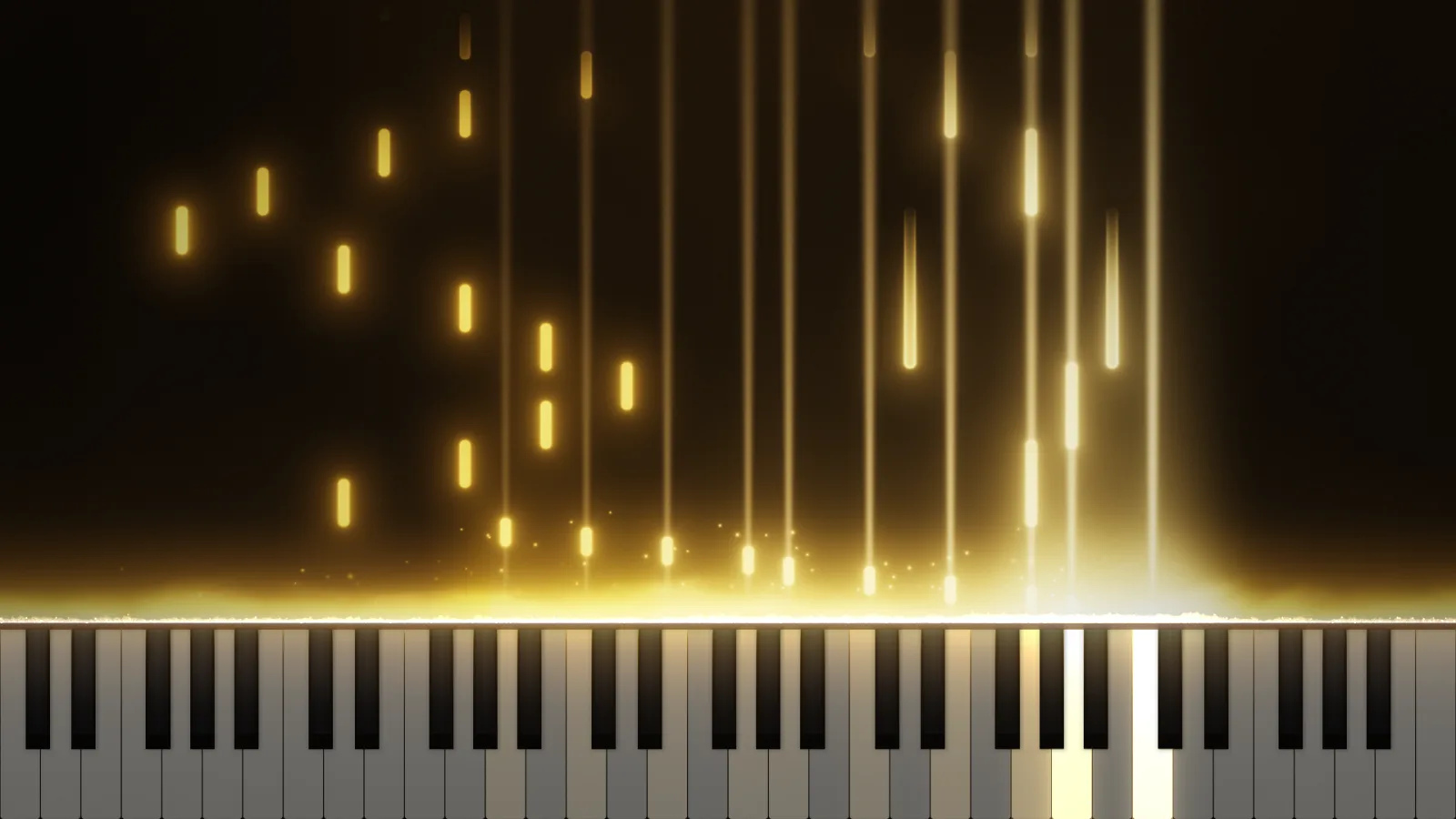 Gold Concert theme: golden light shafts and ribbons rising from the keys on a dark stage