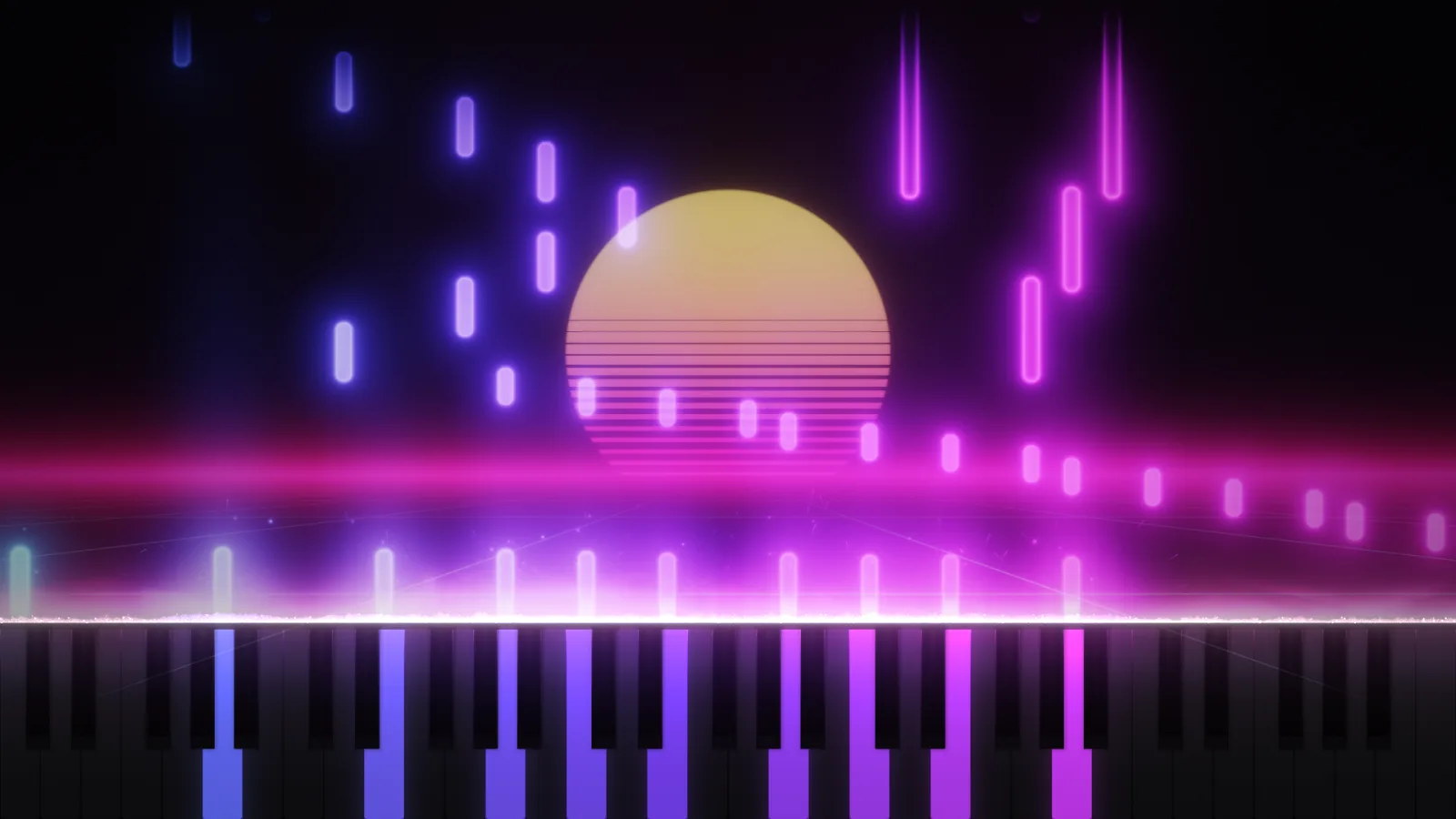 Neon City theme: purple and pink neon ribbons over a synthwave grid with a striped sun